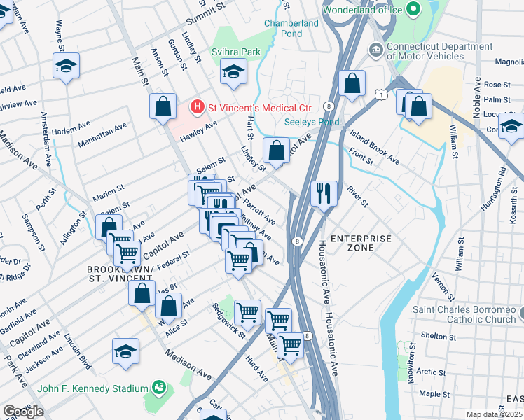 map of restaurants, bars, coffee shops, grocery stores, and more near 197 French Street in Bridgeport