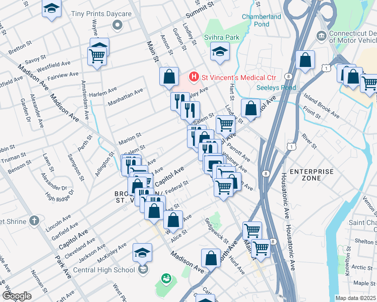 map of restaurants, bars, coffee shops, grocery stores, and more near 25 Lincoln Avenue in Bridgeport