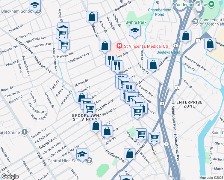 map of restaurants, bars, coffee shops, grocery stores, and more near 25 Lincoln Avenue in Bridgeport