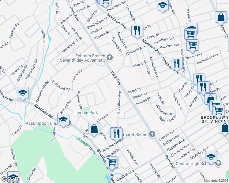 map of restaurants, bars, coffee shops, grocery stores, and more near 1451 Brooklawn Avenue in Fairfield