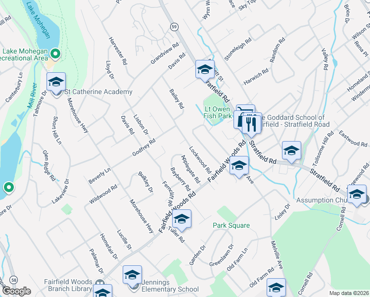 map of restaurants, bars, coffee shops, grocery stores, and more near 204 Lockwood Road in Fairfield