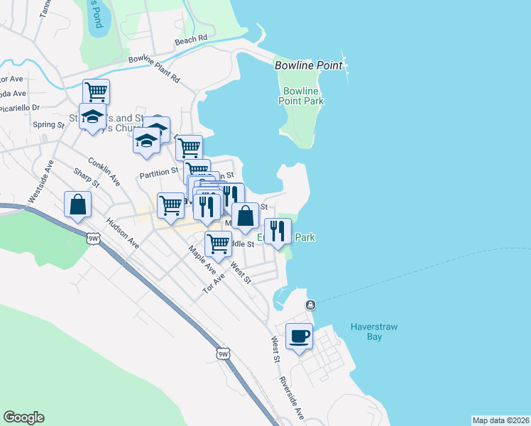 map of restaurants, bars, coffee shops, grocery stores, and more near 9 Allison Avenue in Haverstraw