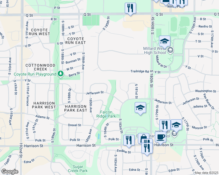 map of restaurants, bars, coffee shops, grocery stores, and more near 6157 South 184th Street in Omaha