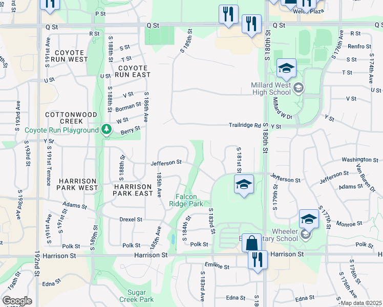 map of restaurants, bars, coffee shops, grocery stores, and more near 6157 South 184th Street in Omaha