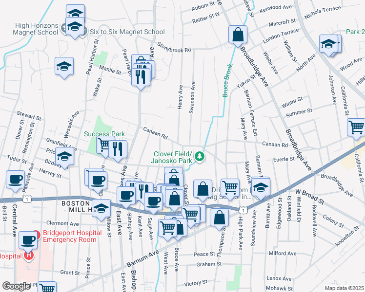 map of restaurants, bars, coffee shops, grocery stores, and more near Canaan Road & Clover Street in Stratford