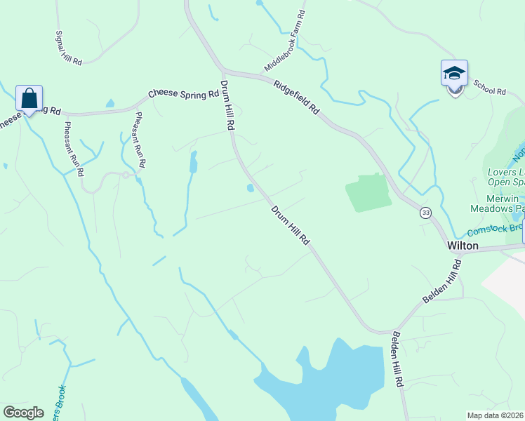 map of restaurants, bars, coffee shops, grocery stores, and more near 107 Drum Hill Road in Wilton