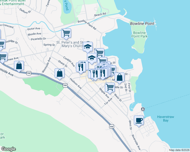 map of restaurants, bars, coffee shops, grocery stores, and more near 35 Lincoln Street in Haverstraw
