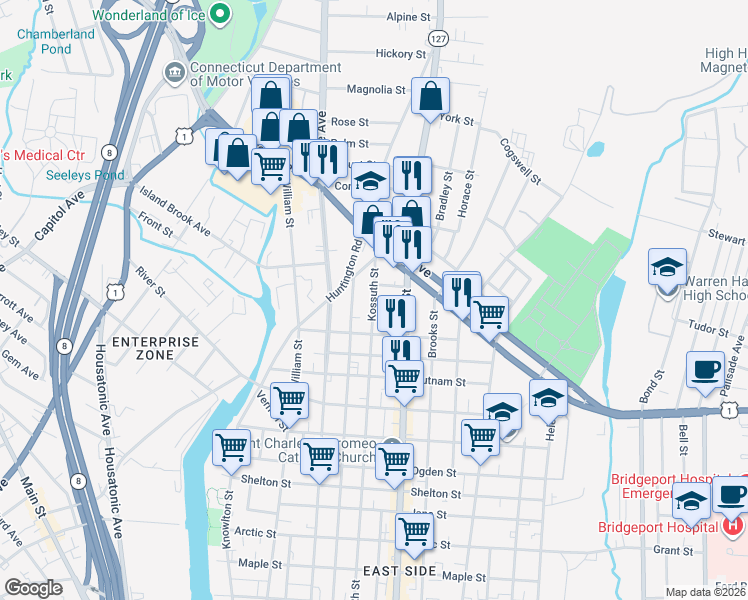 map of restaurants, bars, coffee shops, grocery stores, and more near 1362 Kossuth Street in Bridgeport