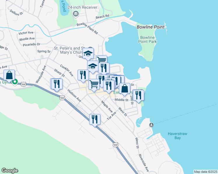 map of restaurants, bars, coffee shops, grocery stores, and more near in Haverstraw