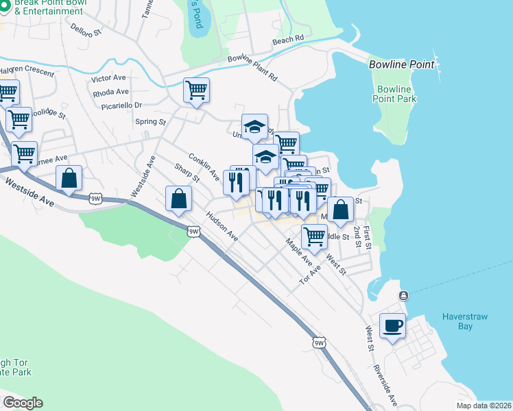 map of restaurants, bars, coffee shops, grocery stores, and more near 42 West Broad Street in Haverstraw