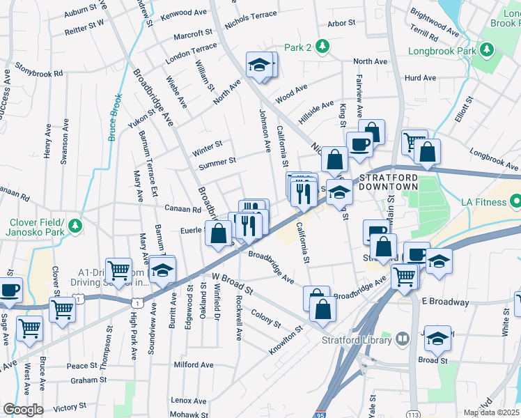 map of restaurants, bars, coffee shops, grocery stores, and more near 300 Booth Street in Stratford