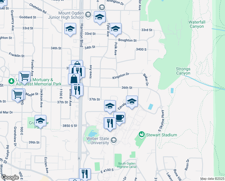map of restaurants, bars, coffee shops, grocery stores, and more near 1384 36th Street in Ogden