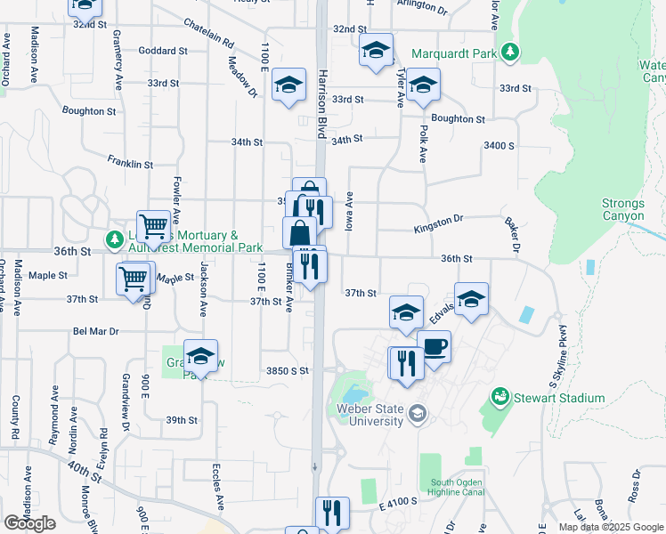 map of restaurants, bars, coffee shops, grocery stores, and more near 3605 Harrison Boulevard in Ogden