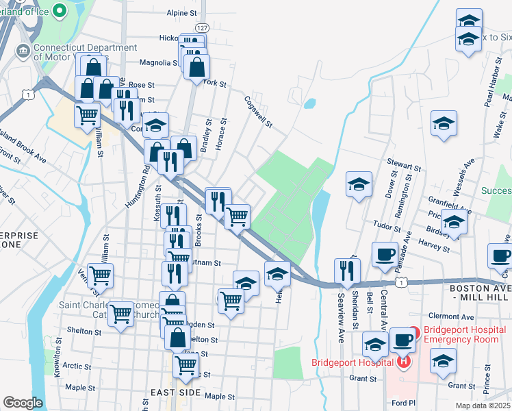 map of restaurants, bars, coffee shops, grocery stores, and more near 22 Carver Street in Bridgeport