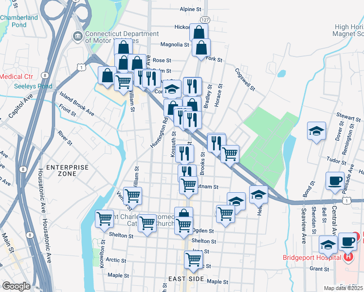map of restaurants, bars, coffee shops, grocery stores, and more near in Bridgeport