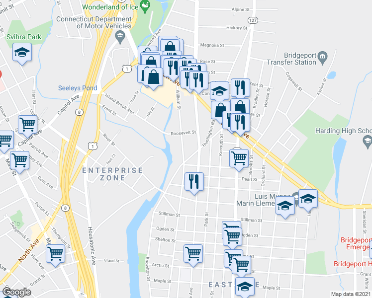 map of restaurants, bars, coffee shops, grocery stores, and more near 964 William Street in Bridgeport