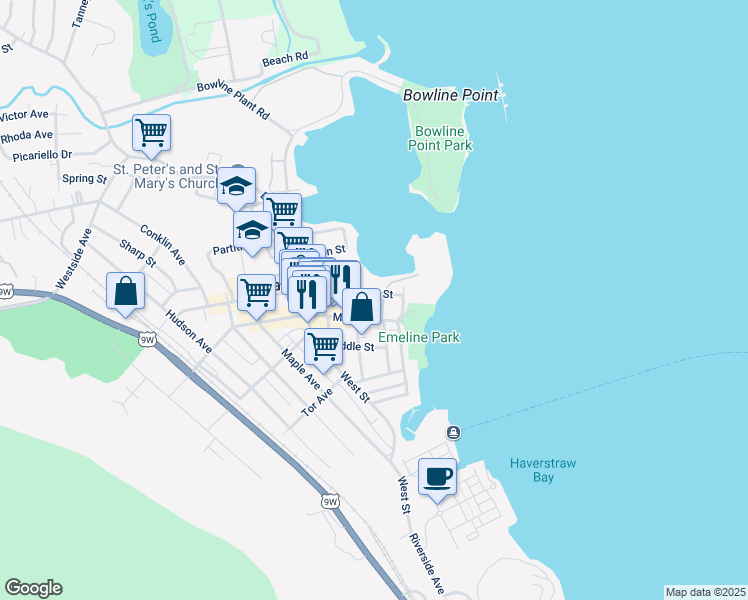 map of restaurants, bars, coffee shops, grocery stores, and more near 37 Broad Street in Haverstraw