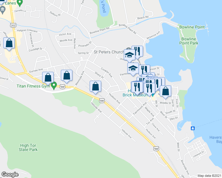 map of restaurants, bars, coffee shops, grocery stores, and more near 140 U.S. 9W in Haverstraw