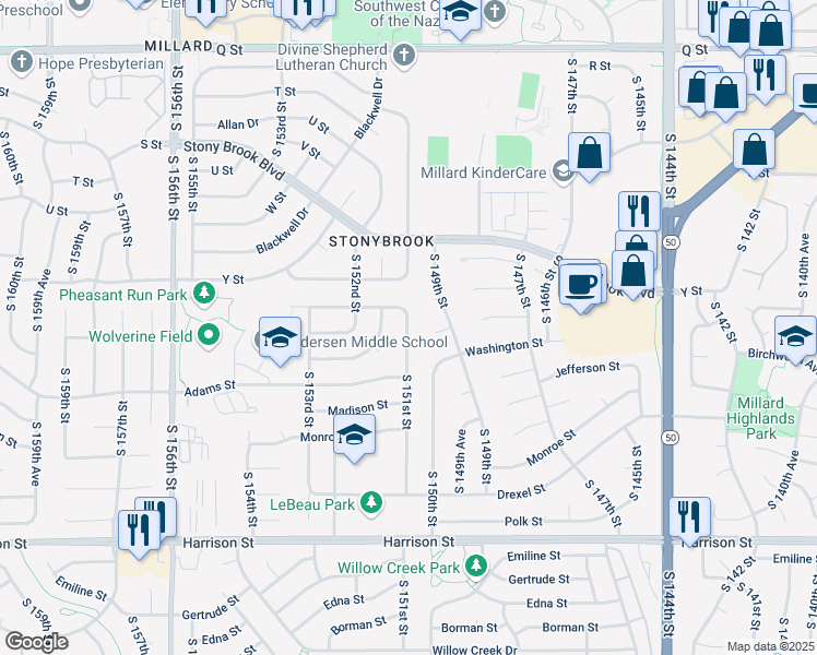 map of restaurants, bars, coffee shops, grocery stores, and more near 6111 South 151st Street in Omaha