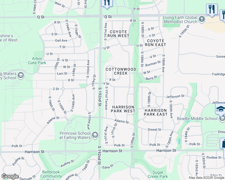 map of restaurants, bars, coffee shops, grocery stores, and more near 6005 South 191st Terrace in Omaha