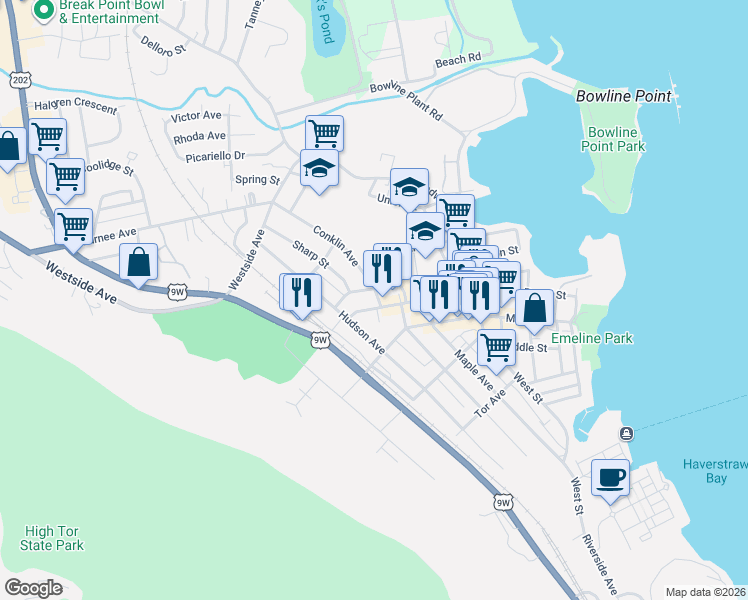 map of restaurants, bars, coffee shops, grocery stores, and more near 88 Conklin Avenue in Haverstraw