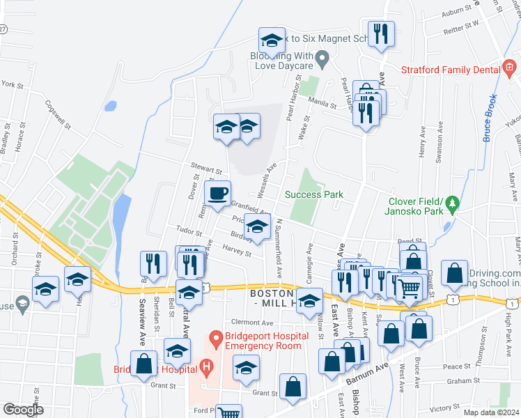 map of restaurants, bars, coffee shops, grocery stores, and more near 8 Wessels Avenue in Bridgeport