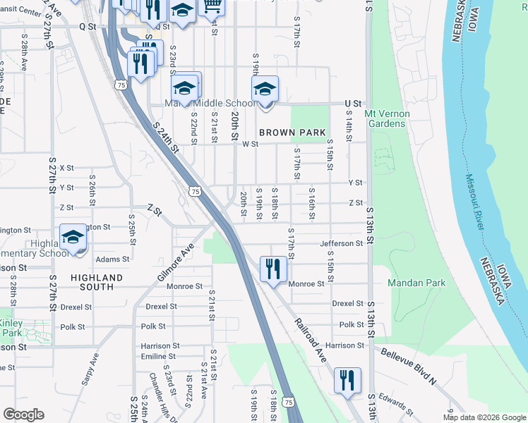 map of restaurants, bars, coffee shops, grocery stores, and more near 6015 South 19th Street in Omaha