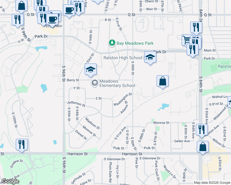 map of restaurants, bars, coffee shops, grocery stores, and more near 9108 Z Circle in Ralston