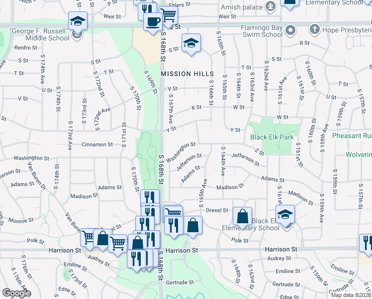 map of restaurants, bars, coffee shops, grocery stores, and more near 16692 Washington Street in Omaha