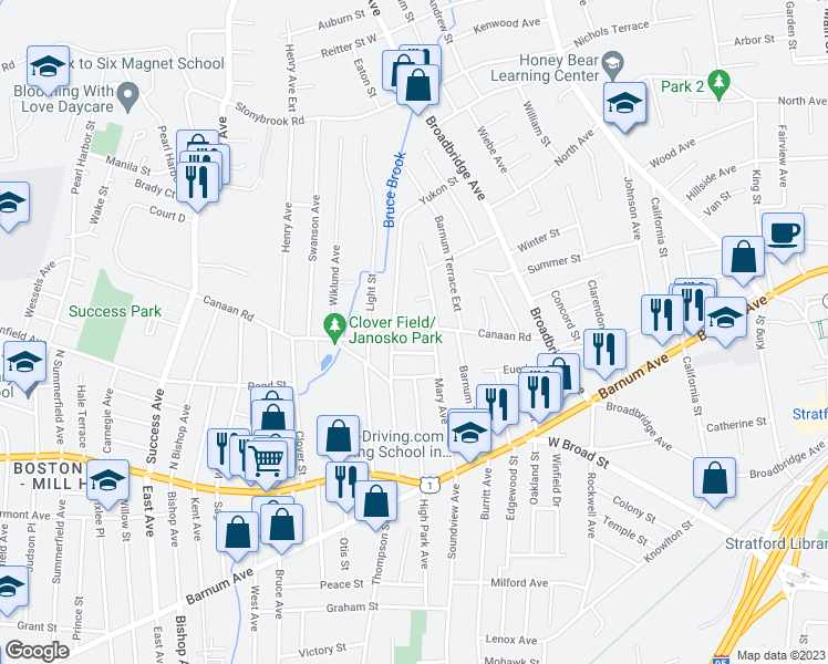 map of restaurants, bars, coffee shops, grocery stores, and more near 279 Canaan Road in Stratford