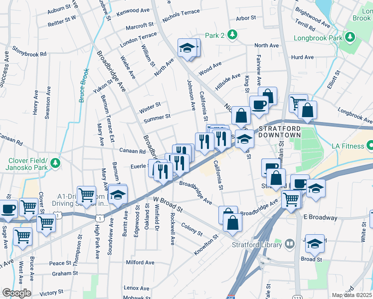 map of restaurants, bars, coffee shops, grocery stores, and more near 300 Booth Street in Stratford