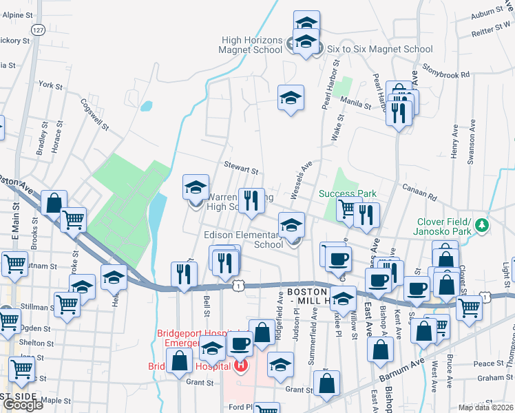 map of restaurants, bars, coffee shops, grocery stores, and more near 275 Palisade Avenue in Bridgeport