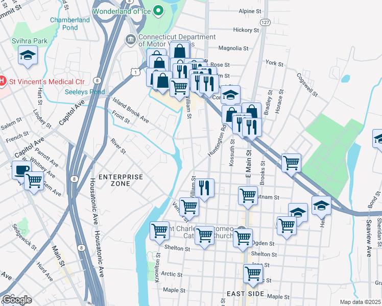 map of restaurants, bars, coffee shops, grocery stores, and more near 964 William Street in Bridgeport