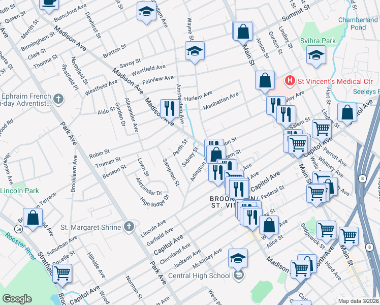 map of restaurants, bars, coffee shops, grocery stores, and more near 29 Sidney Street in Bridgeport