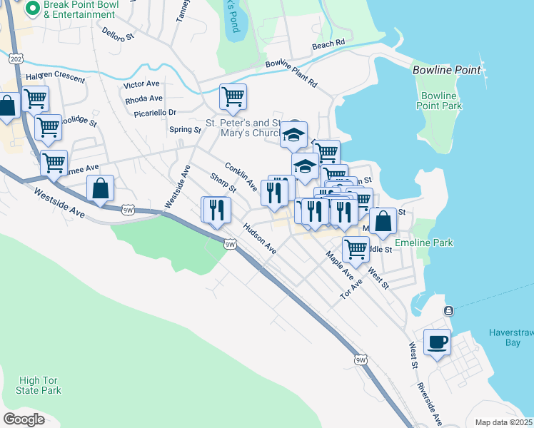 map of restaurants, bars, coffee shops, grocery stores, and more near 4 West Lincoln Street in Haverstraw