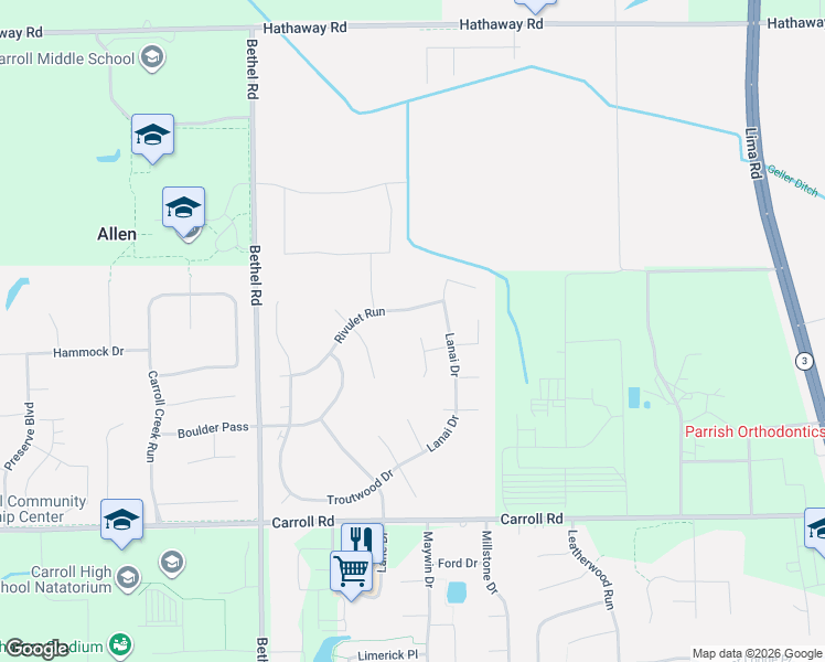 map of restaurants, bars, coffee shops, grocery stores, and more near 3011 Rivulet Run in Fort Wayne
