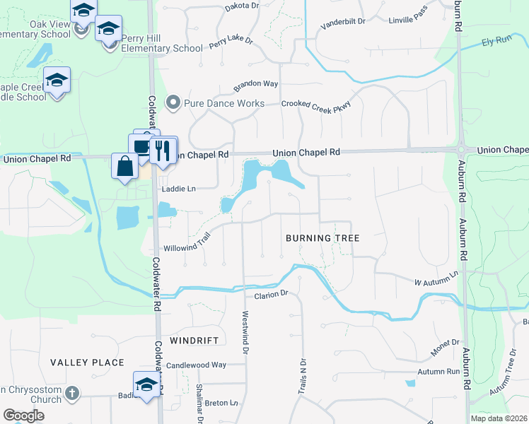 map of restaurants, bars, coffee shops, grocery stores, and more near 12320 Westwind Dr in Fort Wayne