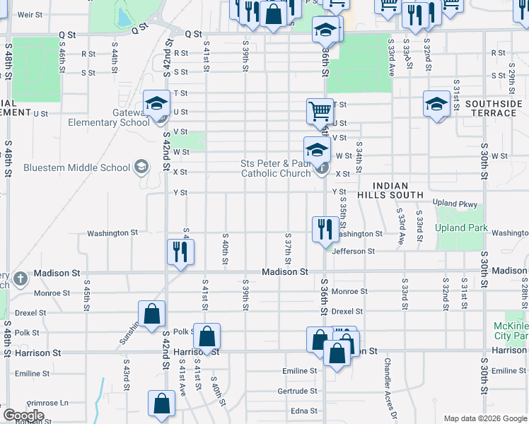 map of restaurants, bars, coffee shops, grocery stores, and more near 6018 South 38th Street in Omaha