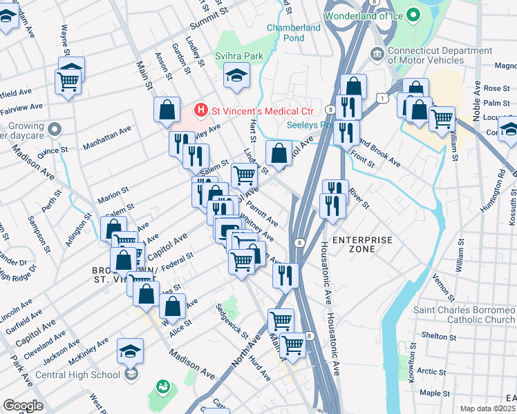 map of restaurants, bars, coffee shops, grocery stores, and more near 220 Parrott Avenue in Bridgeport