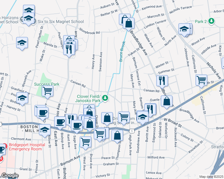 map of restaurants, bars, coffee shops, grocery stores, and more near 350 Canaan Road in Stratford