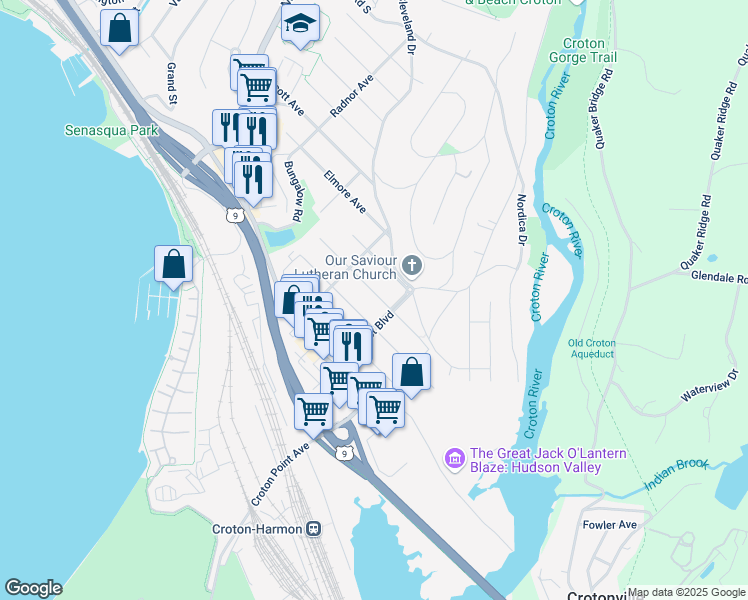 map of restaurants, bars, coffee shops, grocery stores, and more near 53 Penfield Avenue in Croton-on-Hudson