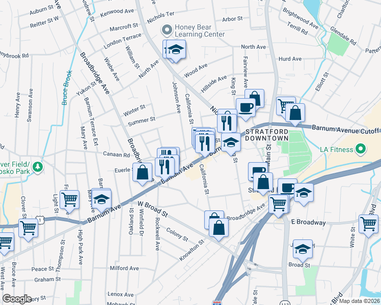 map of restaurants, bars, coffee shops, grocery stores, and more near 211 Booth Street in Stratford