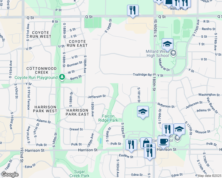 map of restaurants, bars, coffee shops, grocery stores, and more near 6157 South 184th Street in Omaha