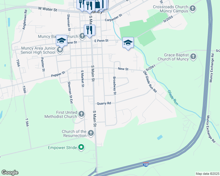 map of restaurants, bars, coffee shops, grocery stores, and more near 101 Sprout Road in Muncy