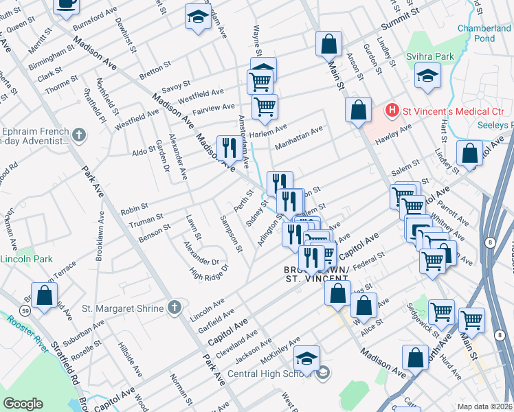map of restaurants, bars, coffee shops, grocery stores, and more near 29 Sidney Street in Bridgeport