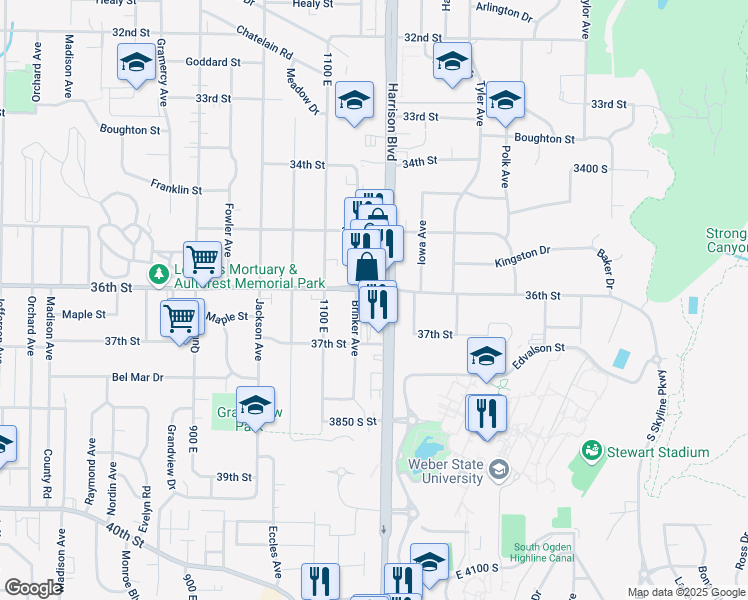map of restaurants, bars, coffee shops, grocery stores, and more near 3605 Harrison Boulevard in Ogden