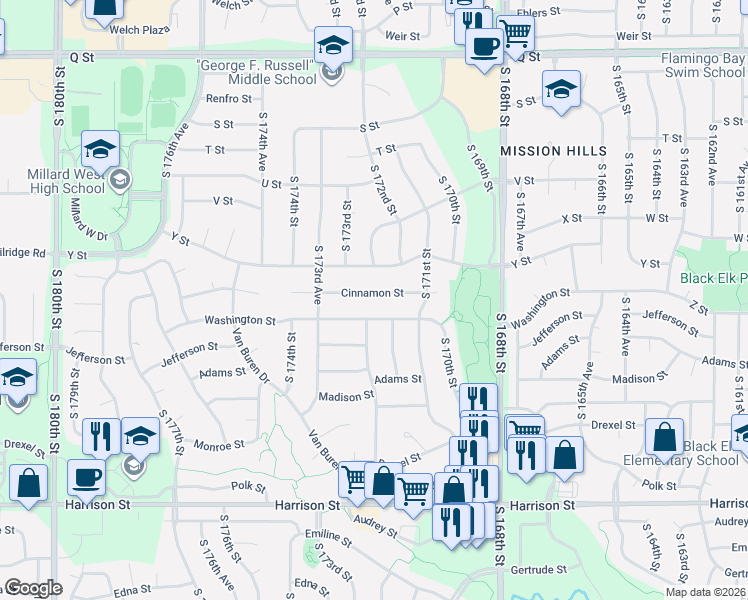 map of restaurants, bars, coffee shops, grocery stores, and more near 17215 Cinnamon Street in Omaha