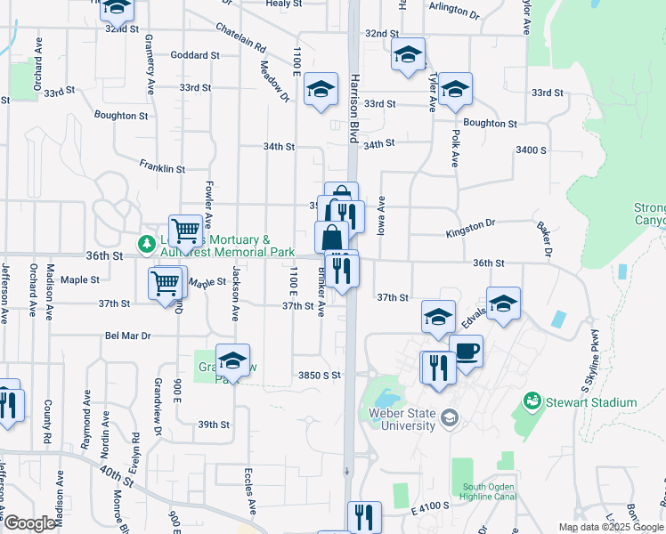 map of restaurants, bars, coffee shops, grocery stores, and more near 1155 36th Street in Ogden