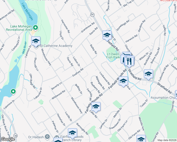 map of restaurants, bars, coffee shops, grocery stores, and more near 95 Greenleigh Road in Fairfield