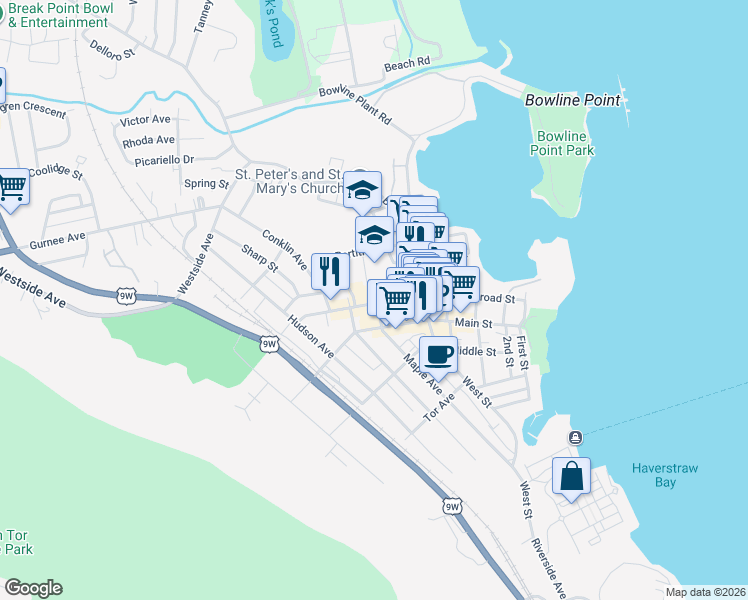 map of restaurants, bars, coffee shops, grocery stores, and more near 35 Lincoln Street in Haverstraw